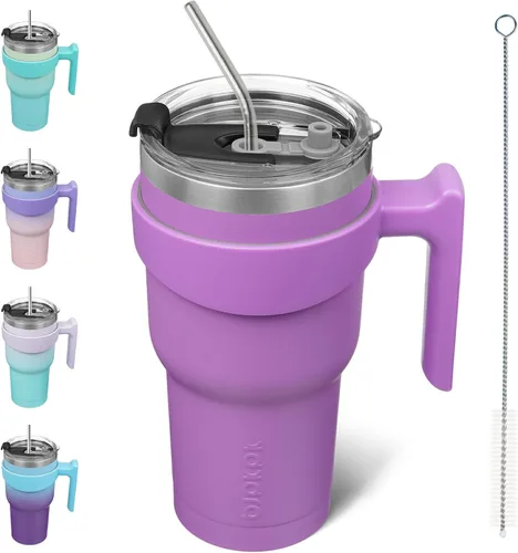 Vista 51 de BJPKPK Mini vaso de 10 onzas con tapa, popote y asa, taza de acero aislada