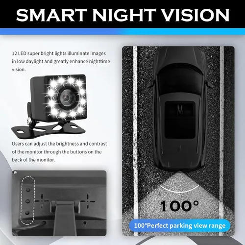 Vista 5 de Cámara de respaldo de 12 LED con monitor de 4.6 x 3.5 pulgadas, HD 150° gran angular para automóvil, con función de visión nocturna, cámaras