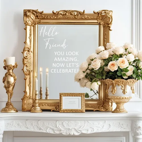 Vista 6 de Aldera Graphics Calcomanía de espejo para selfie para boda, diseño de Hello Friends Now Let's Celebrate - Vinilo negro rectangular para boda