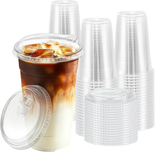 Vista 13 de BYSNOW Paquete de 100 vasos de plástico transparente de 16 onzas con tapas, tazas desechables para café helado con tapas para sorber, vasos