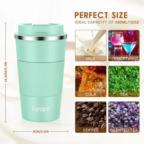 Vista 6 de KETIEE Taza de café de 12 oz: Taza de café con aislamiento al vacío y tapa a prueba de fugas, taza de viaje de acero inoxidable con doble pared