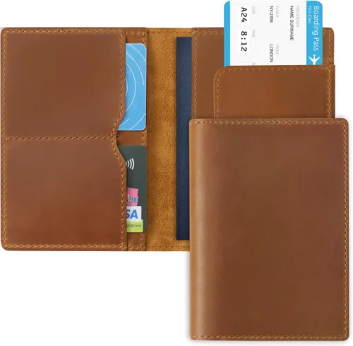 Vista 2 de Jack&Chris Funda de cuero para pasaporte, funda de viaje para hombres y mujeres, Marrón