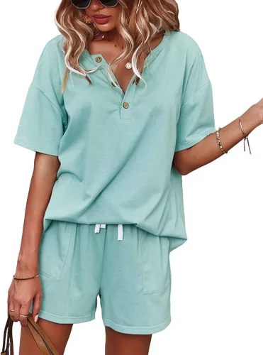 Vista 4 de BZB Womens 2 Piece Short Sleeve Sweatsuit Sets V-neck Pullover and Shorts Solid Color Outfits Tracksuits