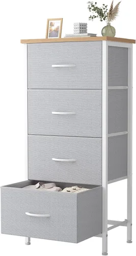 Vista 28 de Sweetcrispy Cómoda alta de tela para dormitorio, cómoda delgada de 6 cajones, torre de almacenamiento estrecha con parte superior de madera y marco