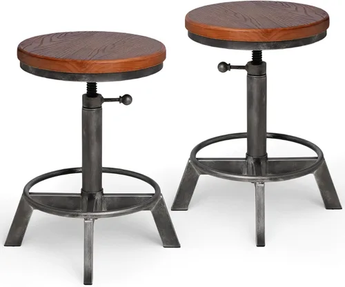 Vista 8 de Juego de 2 taburetes de bar industriales, sillas de altura de mostrador, asiento giratorio de madera, ajustable de 15.2-21 pulgadas Plateado