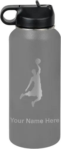 Vista 50 de LaserGram Botella de Agua Personalizada, Basketball Slam Dunk Man, Acero Inoxidable de Doble Pared con Aislamiento al Vacío con Pajita Abatible