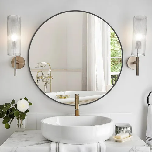 Vista 15 de WallBeyond Espejo redondo negro de madera de 24 pulgadas, espejo de pared circular para baño, espejo de pared redondo para decoración de pared