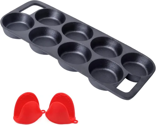 Vista 8 de YOLOPLUS+ Molde para magdalenas de hierro fundido pre-sazonado con guantes resistentes al calor, 11.2 pulgadas, 7 tazas de bandeja para galletas