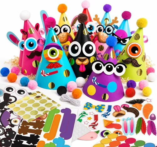 Vista 7 de Sombreros de fiesta de Glittery Garden para niños, arte y manualidades. Divertido kit de actividades de cumpleaños con pegatinas. Adorno de fiesta