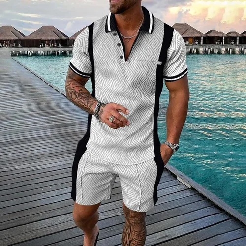 Vista 3 de heavKin Conjunto de polos y pantalones cortos para hombre, manga corta, cremallera, camiseta y pantalones cortos, conjuntos de dos piezas de verano