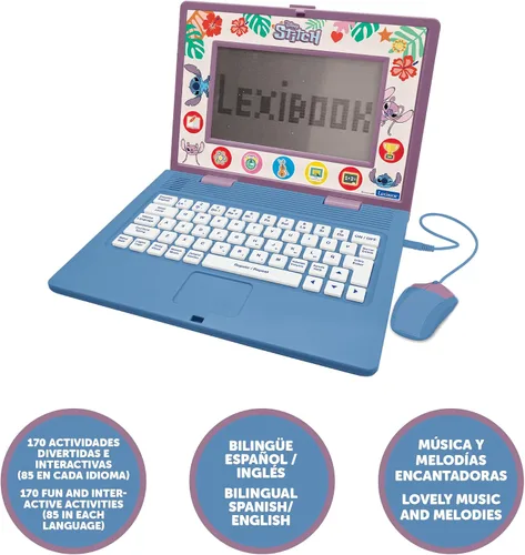 Vista 2 de Lexibook, Disney Stitch, portátil bilingüe y educativo español/inglés, juguete para niños, 170 actividades para aprender, jugar juegos y música