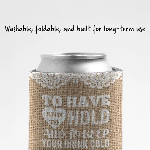 Vista 5 de Enfriadores de latas de boda rústicos personalizados - Diseño de arpillera "To Have and To Hold" - Personalizado con nombres y fecha - Juego de 25