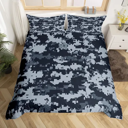 Vista 18 de Juego de funda de edredón con estampado de camuflaje, tamaño individual, funda de edredón reversible de geometría azul, gris, morado (no edredón)