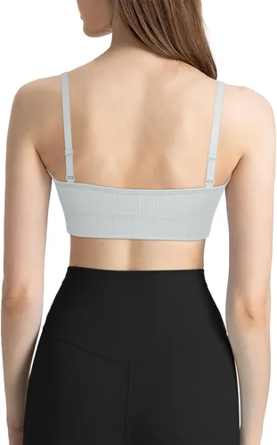 Vista 3 de VEQKING Sujetador deportivo para mujer, tirantes delgados ajustables, cuello cuadrado, sin costuras, para entrenamiento, yoga, bralette con copas