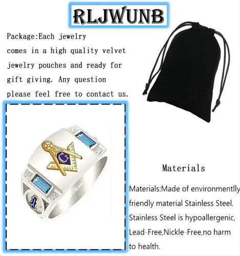 Vista 2 de RLJWUNB Anillo de regalo masón masón masónico para logia masónica, símbolo masón chapado en oro, anillo de motociclista para fanáticos masones