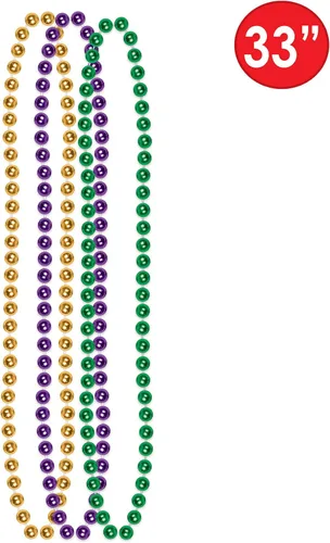 Vista 3 de Beistle Collares de cuentas Mardi Gras, 12 piezas para recuerdos de fiesta, 33 pulgadas, oro/verde/morado