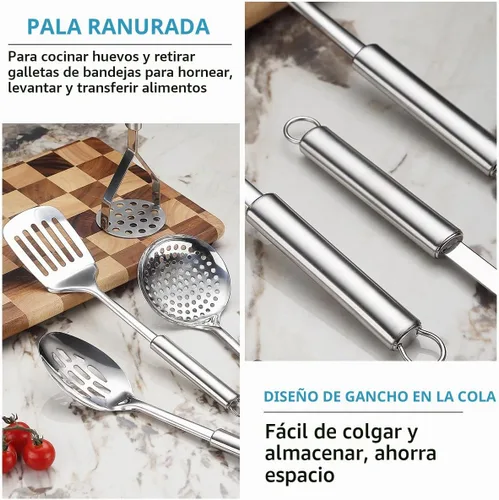 Vista 6 de Juego de utensilios de cocina, 39 piezas de acero inoxidable, espátula de cuchara con soporte de utensilios de acero inoxidable resistente, apto