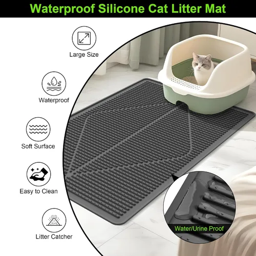 Vista 4 de Mofason - Tapete de goma para caja de arena para gatos, color negro Waterproof 24"x15" kitty litter box mat; litter trapping catcher mat; easy