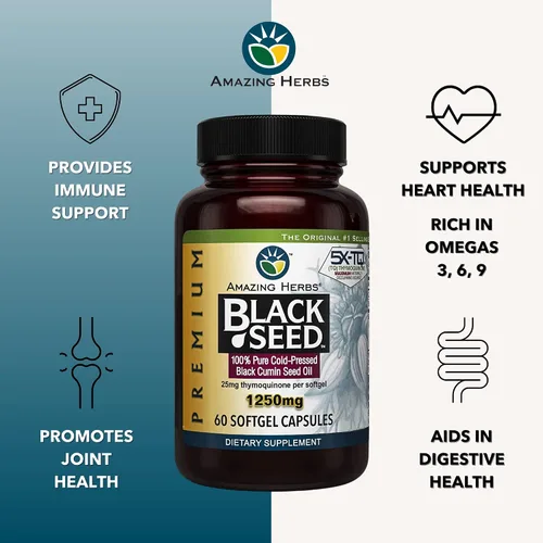 Vista 5 de Amazing Herbs Cápsulas de aceite de semilla negra de alta potencia, prensado en frío, ayuda a la salud digestiva, apoyo inmunológico y función
