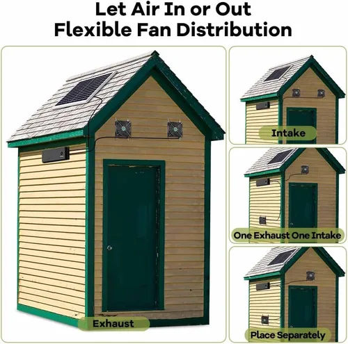 Vista 6 de Ventilador solar con batería, ventilador solar recargable para gallinero, invernadero, cobertizo, exterior con dos ventiladores de entrada de escape