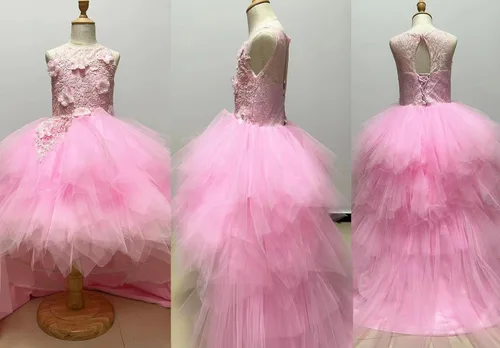 Vista 3 de Uzqast High Low Flower Girl Dresses Appliques Tulle Communion Party Princess Wedding Pageant Ball Gown Dress