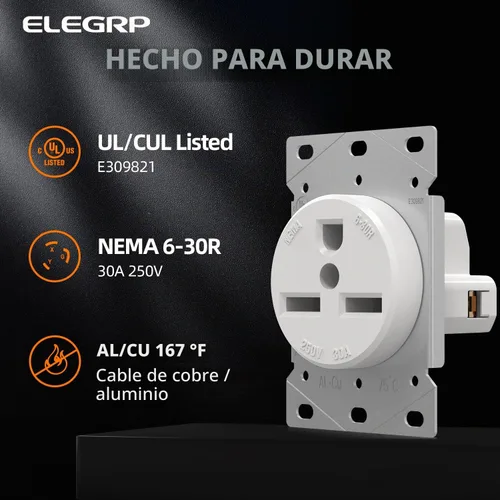 Vista 3 de ELEGRP Receptáculo de alimentación de montaje empotrado blanco de 30 amperios y 250 V, NEMA 6-30R, toma de corriente de hoja recta