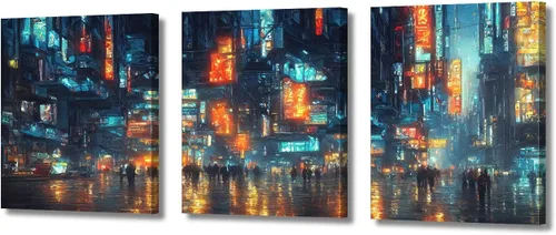 Vista 45 de Cuadros de 3 paneles de Cyberpunk City - Arte de pared de vallas publicitarias de edificios modernos en la capital con obras de arte modernas