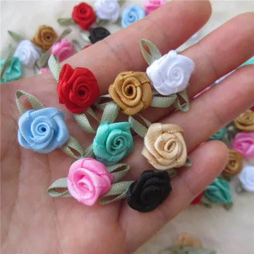 Vista 8 de 200 unids/lote mini lazos de cinta rosas flor raso rosetas tela adorno artificial apliques costura artesanía bricolaje hecho a mano decoración