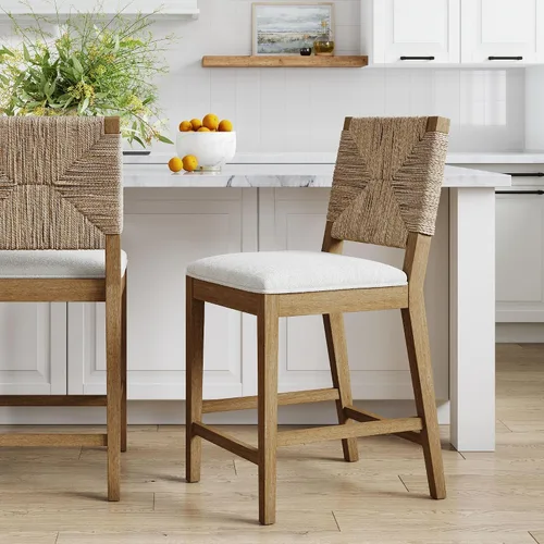 Vista 14 de Nathan James Beacon Taburete de bar bohemio con respaldo, de altura de bar, silla para isla de cocina, taburete de bar de seagrass, bouclé