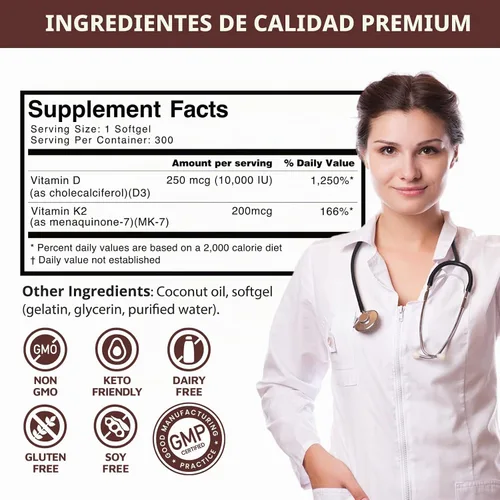 Vista 8 de 300 Piezas 2 en 1 Vitamina D3 10000 iu Plus K2 (MK-7) 200 mcg Cápsulas Blandas de Aceite de Coco Virgen con Vitaminas D y K Apoya la Absorción