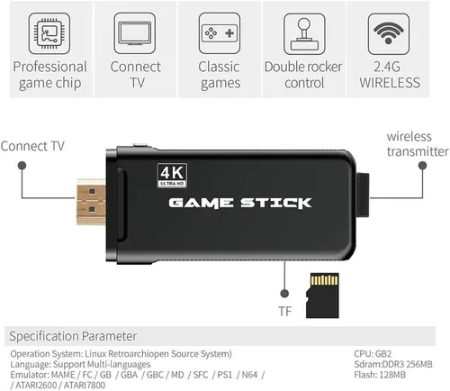Vista 4 de Swallow Wireless Game Joystick Controller, HDMI 4K Game Stick Dobles Wireless Video Game Console Sistema de código abierto 64GB 10000 Juegos gratis
