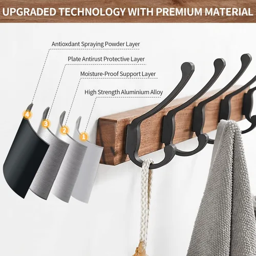 Vista 2 de Perchero de pared montado, estante de gancho de madera de nogal resistente con 5 ganchos dobles de metal para colgar abrigos, colgador de abrigos