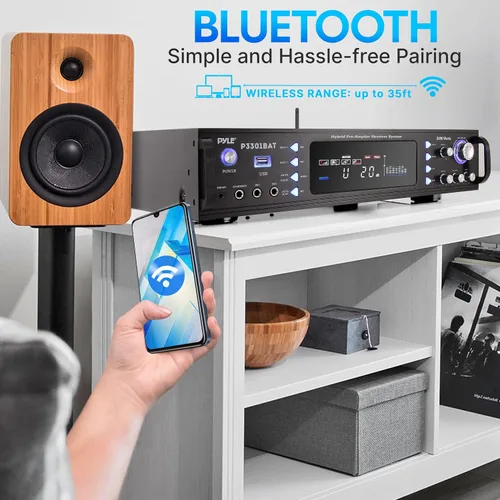 Vista 6 de Pyle Amplificador estéreo Bluetooth, montaje en rack, potencia máxima de 3000 W, karaoke fácil con micrófonos duales, salida de subwoofer, salida