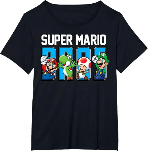Vista 32 de Super Mario Bros Characters Letter Fill Graphic T-Shirt Camiseta, Negro