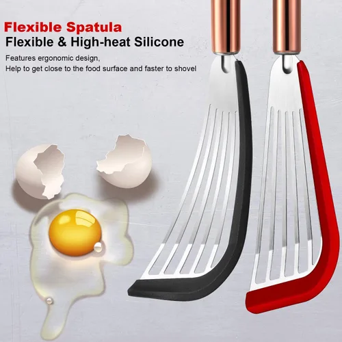 Vista 3 de Espátula ranurada flexible de acero inoxidable con tapa de silicona, mango dorado (negro y rojo)