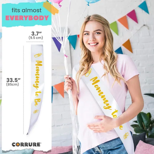 Vista 4 de CORRURE Banda para baby shower para niño o niña, banda con la frase "Mommy to Be" con hermosa cinta blanca y texto dorado con purpurina, ideal