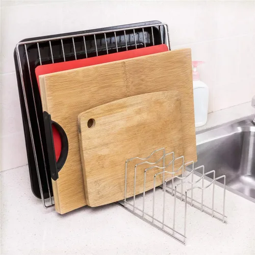 Vista 3 de SANNO Soporte para tapa de olla de acero inoxidable, organizador de ollas, organizador de cocina, 13-1/3"de ancho x 4-1/3"de alto x 4-3/4"D, 10