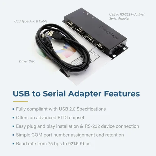 Vista 5 de Adaptador USB a serie DB-9 RS-232 de 4 puertos con chipset FTDI: funciona con sistemas Windows 10, 8, 7, XP y Mac