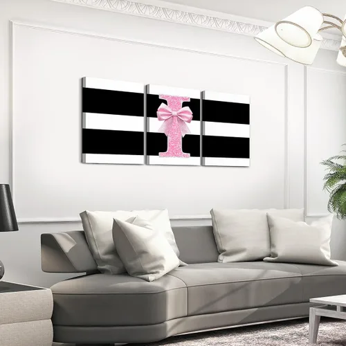 Vista 21 de Erosebridal Lienzo decorativo con monograma de 12 x 16 pulgadas, diseño de letra inicial de lazo rosa, decoración de pared, rayas blancas y negras