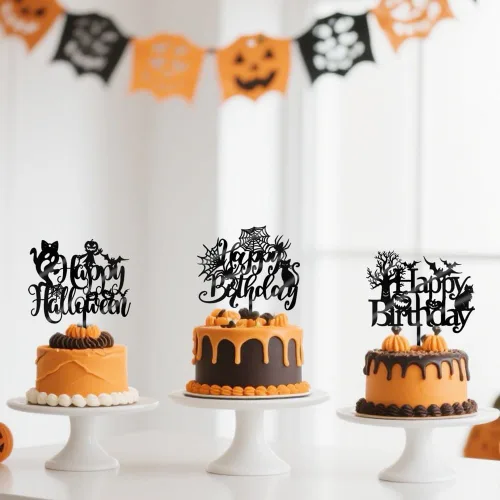 Vista 7 de 6 adornos acrílicos para tartas de Halloween, decoración de pastel de cumpleaños de Halloween, espeluznante con murciélago, calabaza, fantasma