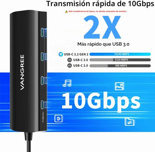 Vista 3 de VANGREE Hub USB C 8 en 1, 3 USB-C+3 USB-A 3.2 10Gbps, 4K60Hz HDMI, 100W PD Negro