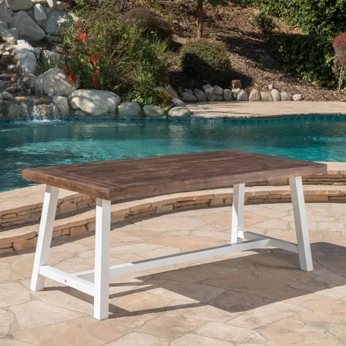 Vista 6 de Mesa de comedor de madera de chorro de arena marrón oscuro al aire libre con metal rústico blanco e