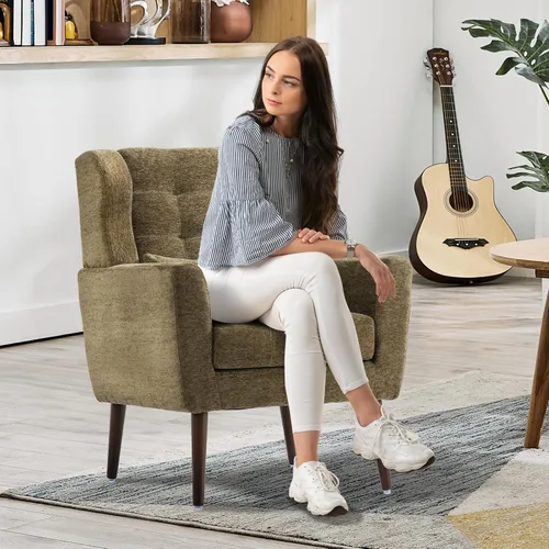 Vista 7 de Silla de Acento Moderna, Sillón Tapizado con Almohada, Sofá Individual de Tela con Asiento de Salón y Patas de Madera, Silla de Acento para Sala