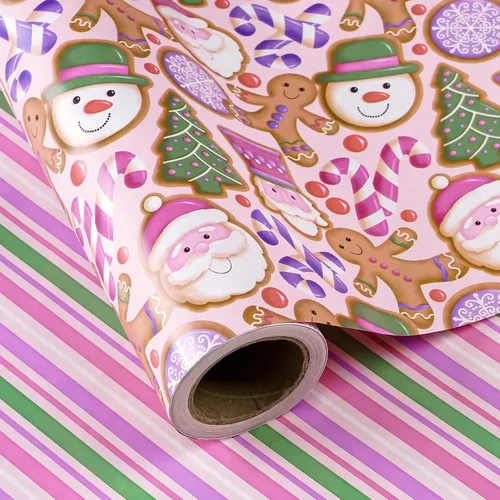 Vista 16 de WRAPAHOLIC - Papel de regalo de Navidad reversible, minirollo, 17 pulgadas x 33 pies, diseño de árbol de Navidad con letras “joy”, perfecto