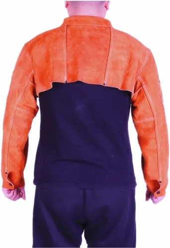 Vista 3 de Capa de soldadura de cuero resistente al calor premium con mangas, puños ajustables, cuello ajustable para hombres y mujeres (marrón, pequeña)