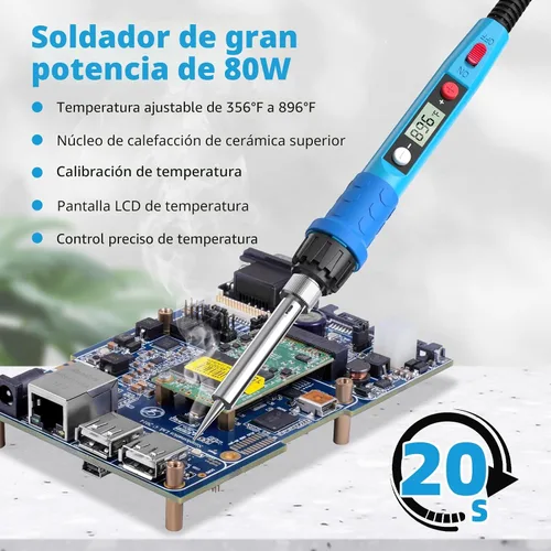 Vista 3 de Kit de soldador, 80W 110V LCD Lápiz de soldadura digital con calentador de cerámica, herramientas de soldadura portátiles con 5 puntas, soporte
