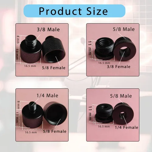 Vista 3 de Adaptador de tornillo de micrófono de 4 piezas, 5/8 hembra a 3/8 macho y 3/8 hembra a 5/8 macho, 5/8 hembra a 1/4 macho y 1/4 hembra a 5/8 macho