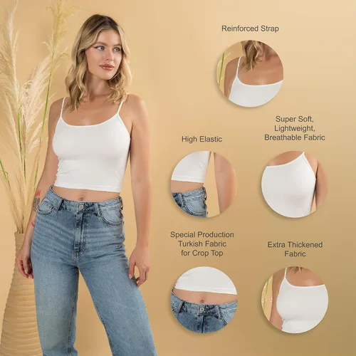 Vista 6 de Camisetas cortas para mujer, largas, blancas, negras, sexy, lindas, de entrenamiento, tirantes delgados, recortadas, de cintura alta, paquete de 2