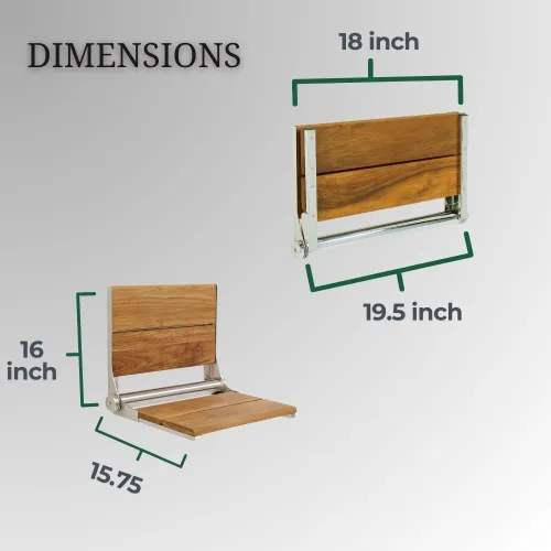 Vista 4 de Asiento de ducha plegable montado en la pared con respaldo Capacidad de carga máxima de 500 libras Asiento de ducha de teca compatible con ADA