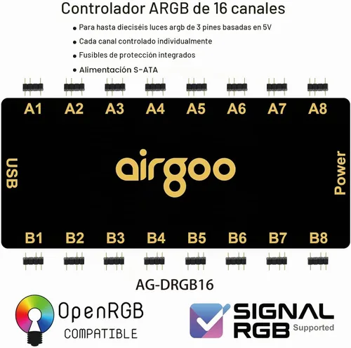 Vista 2 de Airgoo 16-Port Magnetic-Mount USB ARGB Controller Support SignalRGB OpenRGB